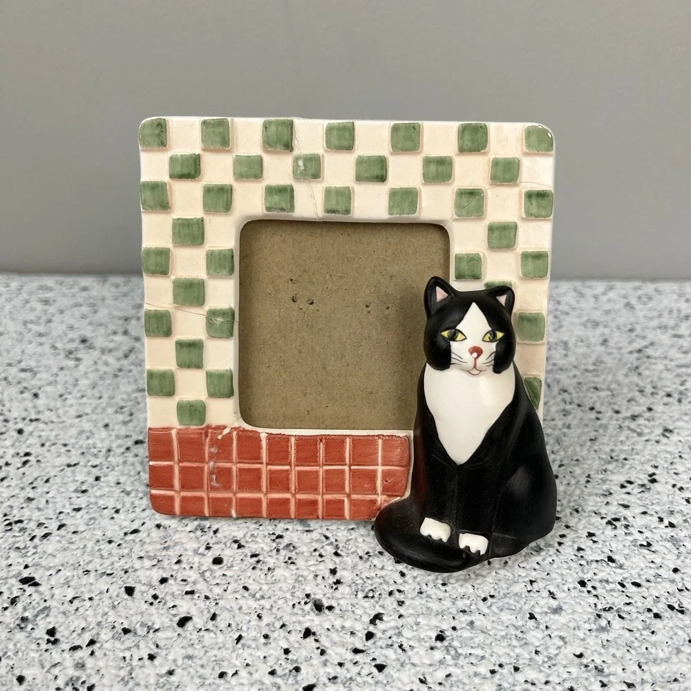 Lot of 3 Vintage Cat Miniature Photo Picture Frames Ceramic Wood‎ Metal